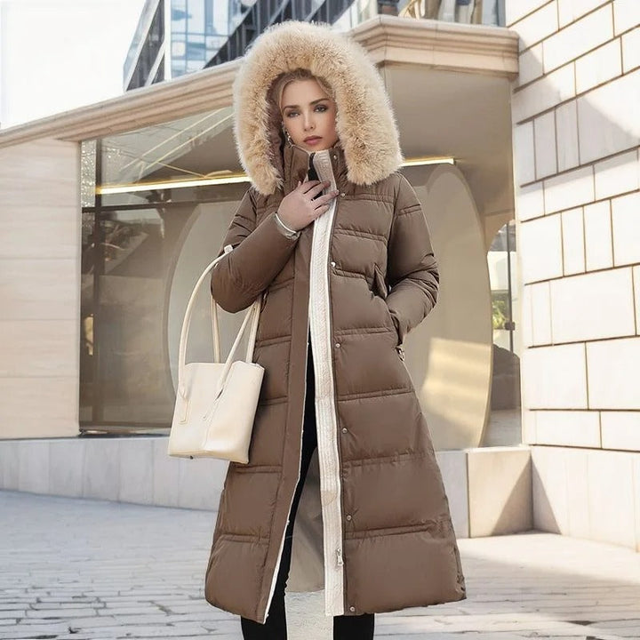 Delilah | Elegant Long Quilted Puffer Coat With Faux Fur Hood