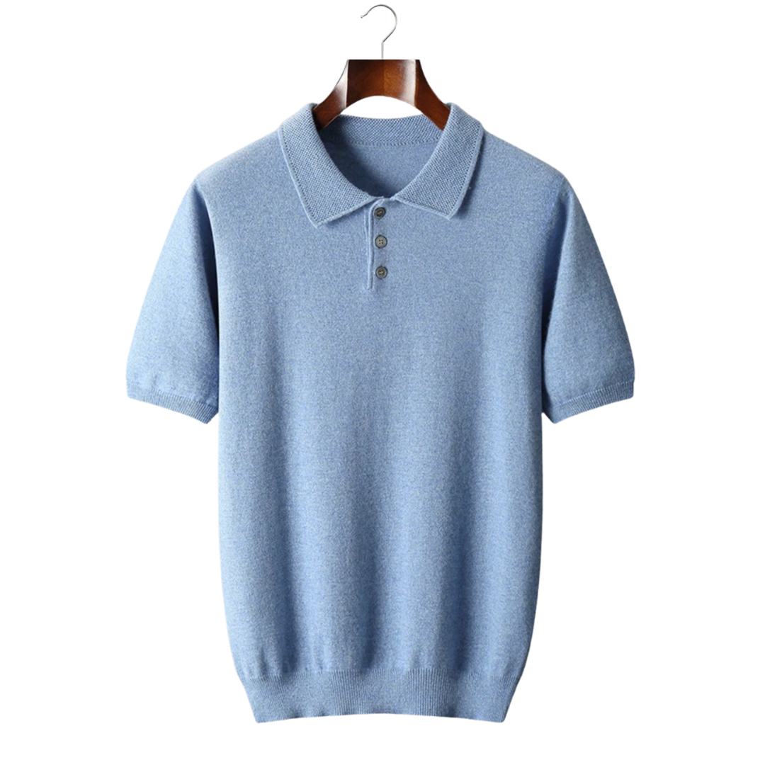 Cashmere Short Sleeve Polo Shirt Men - Light Blue Knit