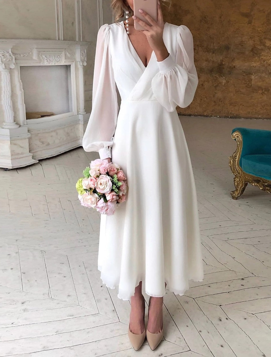Grace | Elegant V-Neck Puff Sleeve Midi Wrap Dress