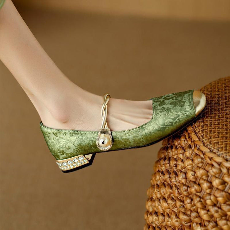 Elena | Elegant Pearl Embellished Mary Jane Low Heel Pumps