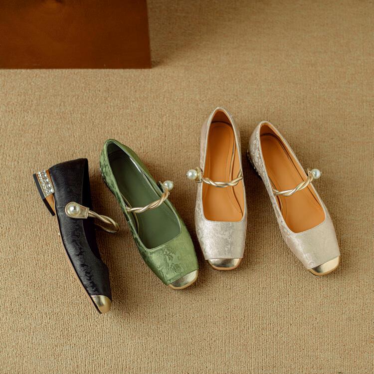 Elena | Elegant Pearl Embellished Mary Jane Low Heel Pumps