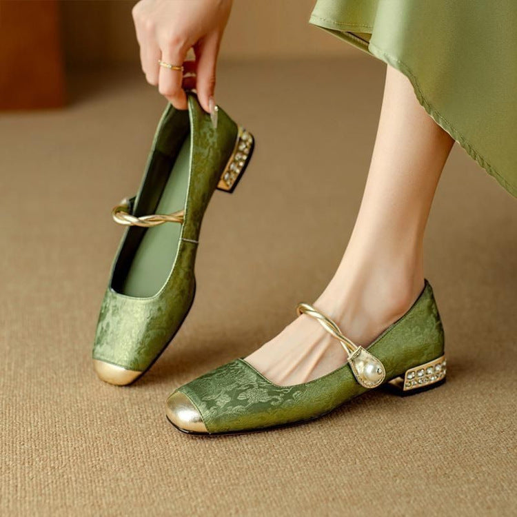 Elena | Elegant Pearl Embellished Mary Jane Low Heel Pumps