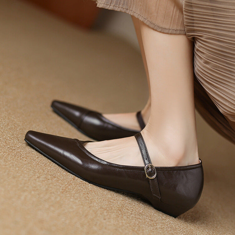 Rosemarie | Elegant Pointed Toe Mary Jane Flats With Ankle Strap
