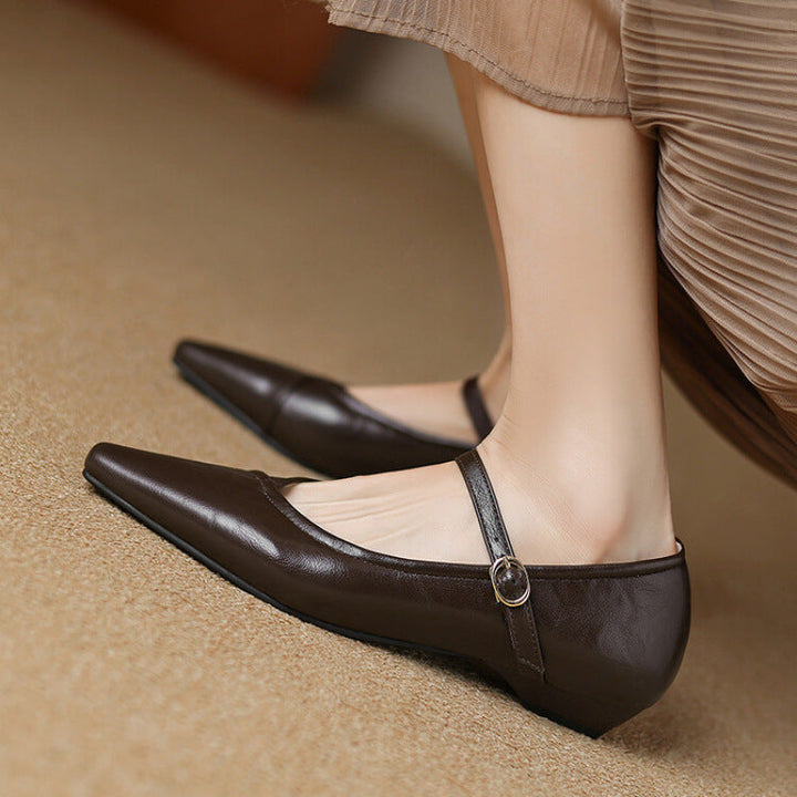 Rosemarie | Elegant Pointed Toe Mary Jane Flats With Ankle Strap