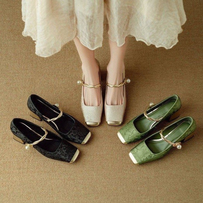 Elena | Elegant Pearl Embellished Mary Jane Low Heel Pumps