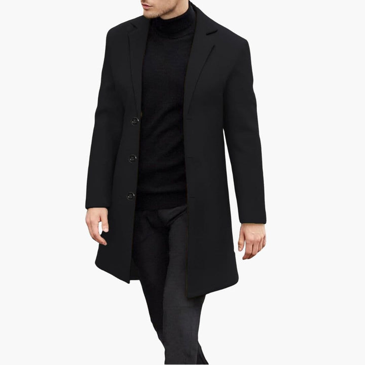 Phoebe | Stylish Navy Long Overcoat With Notched Lapels