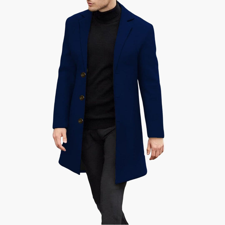 Phoebe | Stylish Navy Long Overcoat With Notched Lapels