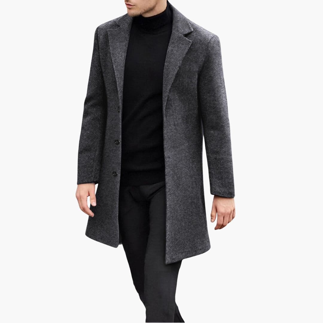 Phoebe | Stylish Navy Long Overcoat With Notched Lapels