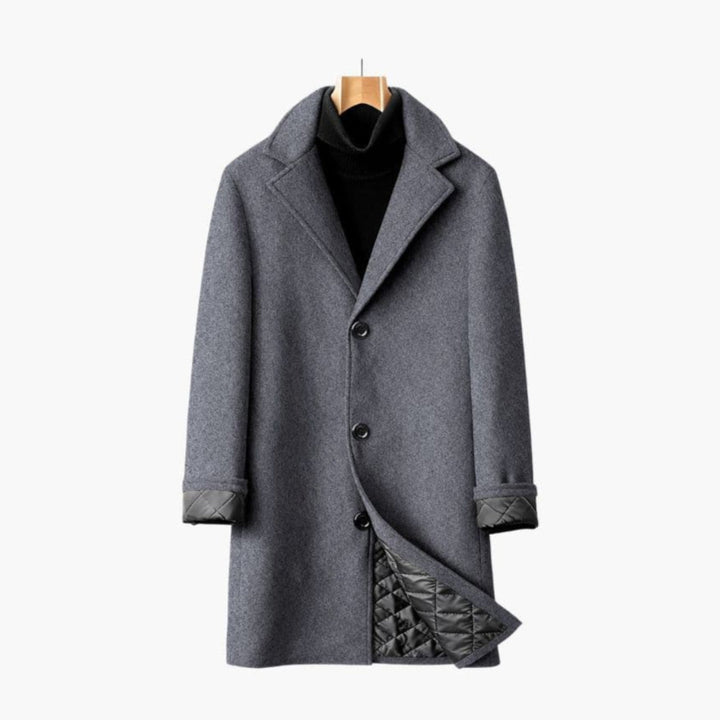 Phoebe | Stylish Navy Long Overcoat With Notched Lapels
