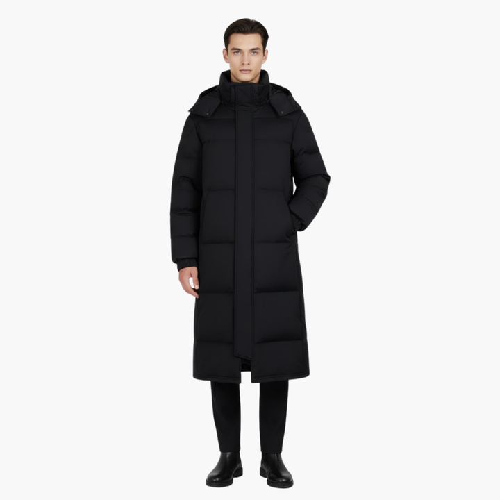 Nora | Sleek Men's Long Hooded Quilted Puffer Coat Black