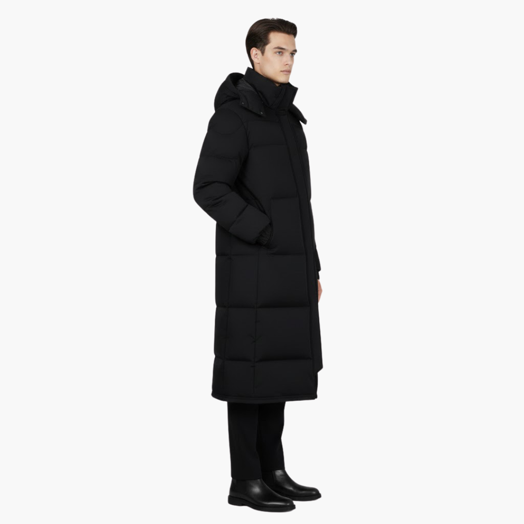 Nora | Sleek Men's Long Hooded Quilted Puffer Coat Black