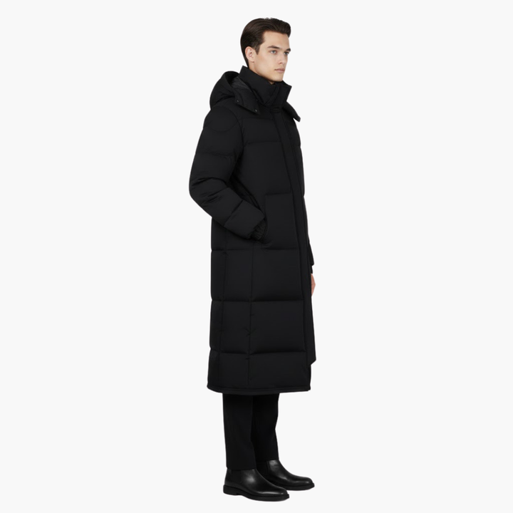 Nora | Sleek Men's Long Hooded Quilted Puffer Coat Black