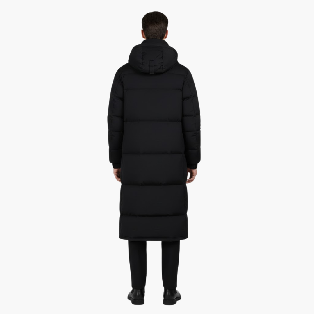 Nora | Sleek Men's Long Hooded Quilted Puffer Coat Black