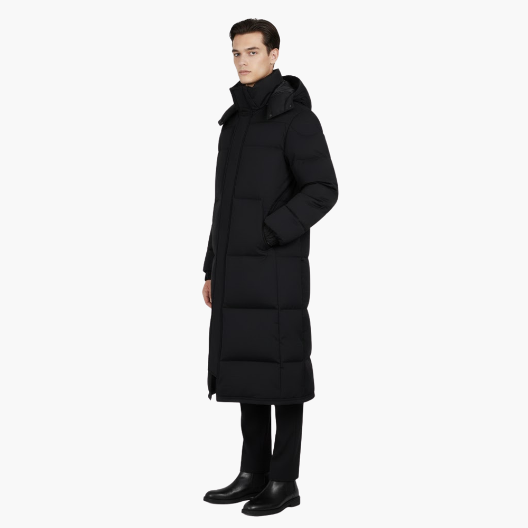 Nora | Sleek Men's Long Hooded Quilted Puffer Coat Black