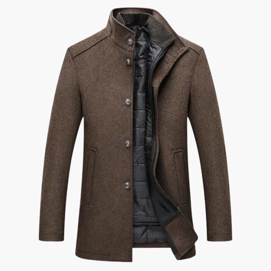 Phoebe | Elegant Men's Brown Wool Overcoat With Stand Collar
