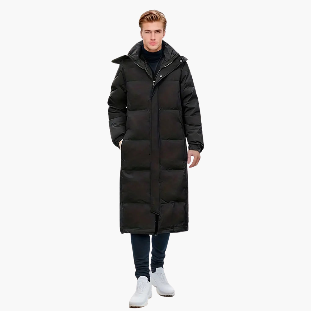 Nora | Sleek Men's Long Hooded Quilted Puffer Coat Black