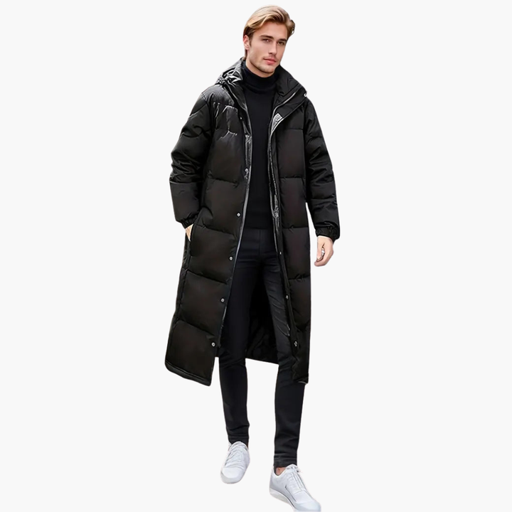 Nora | Sleek Men's Long Hooded Quilted Puffer Coat Black