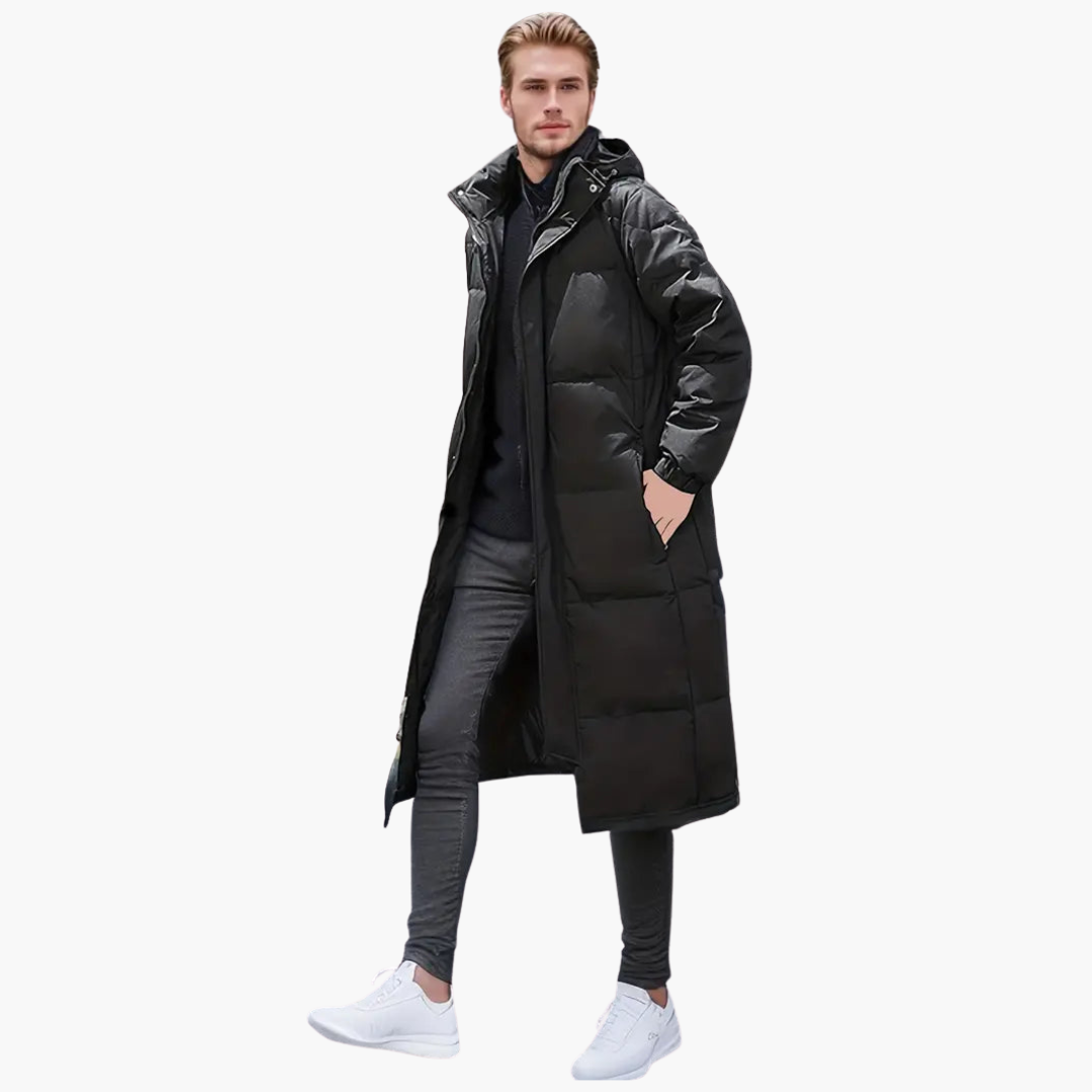 Nora | Sleek Men's Long Hooded Quilted Puffer Coat Black