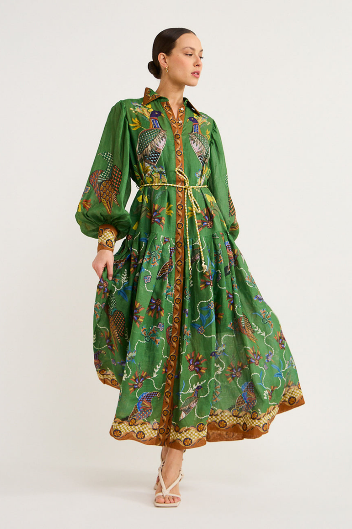 Marcella | Elegant Green Bird Print Balloon Sleeve Maxi Dress
