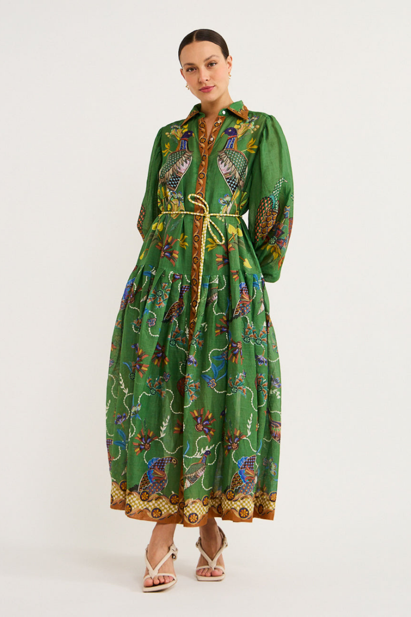 Marcella | Elegant Green Bird Print Balloon Sleeve Maxi Dress