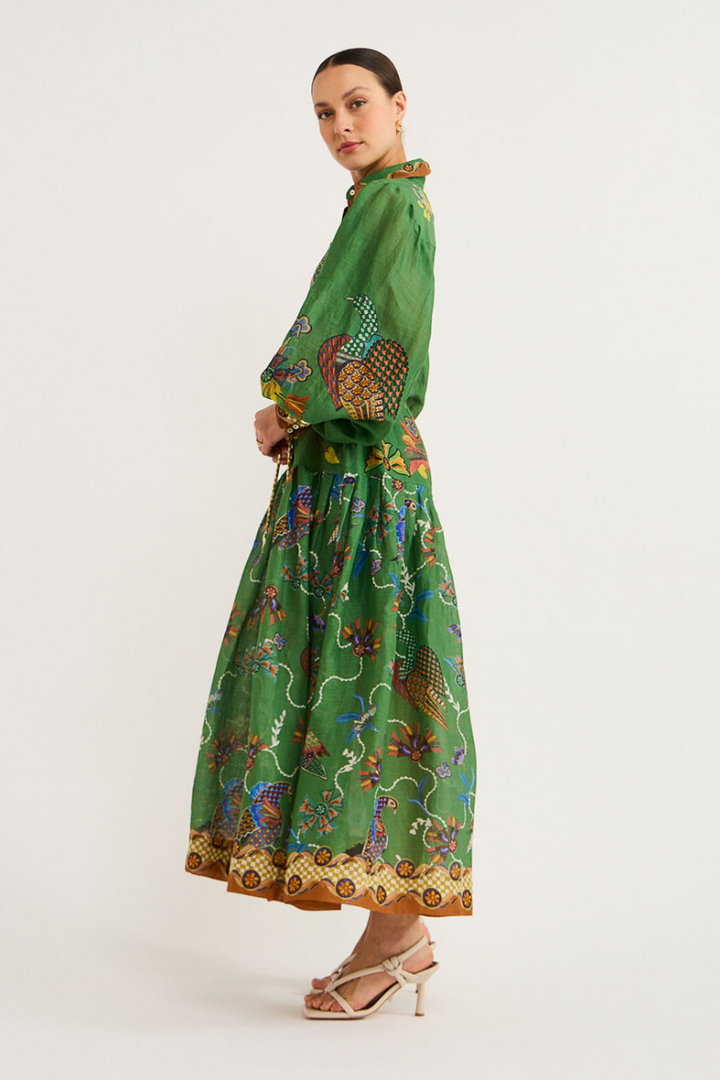 Marcella | Elegant Green Bird Print Balloon Sleeve Maxi Dress