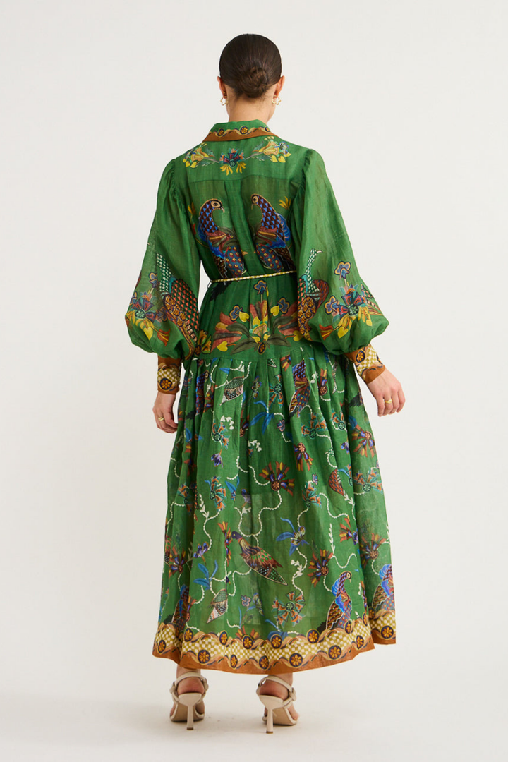 Marcella | Elegant Green Bird Print Balloon Sleeve Maxi Dress