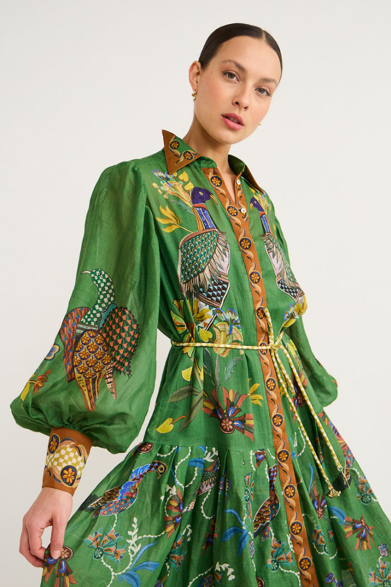 Marcella | Elegant Green Bird Print Balloon Sleeve Maxi Dress