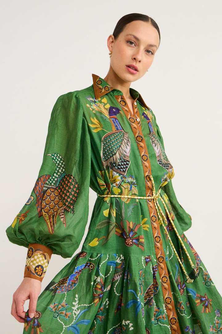 Marcella | Elegant Green Bird Print Balloon Sleeve Maxi Dress