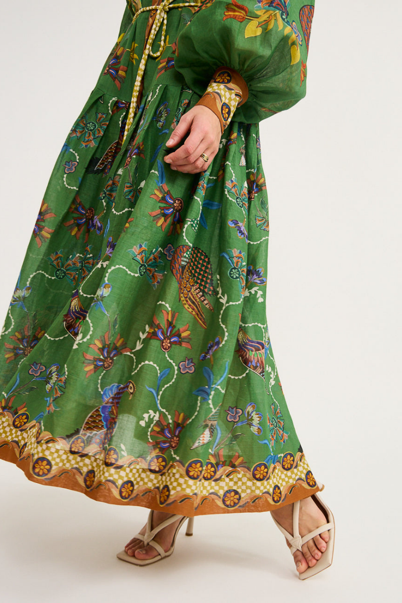Marcella | Elegant Green Bird Print Balloon Sleeve Maxi Dress