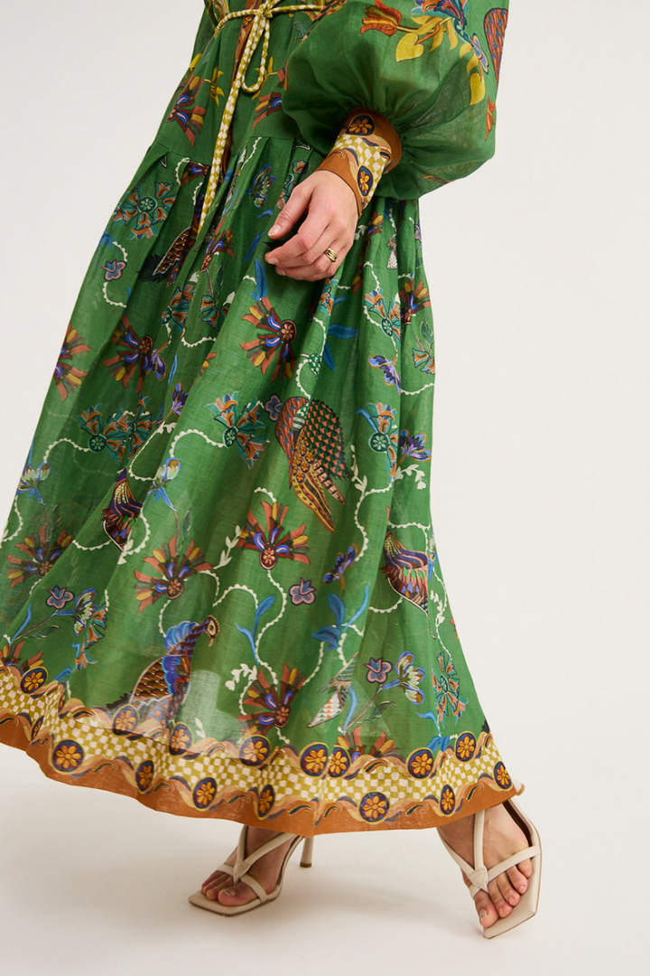Marcella | Elegant Green Bird Print Balloon Sleeve Maxi Dress