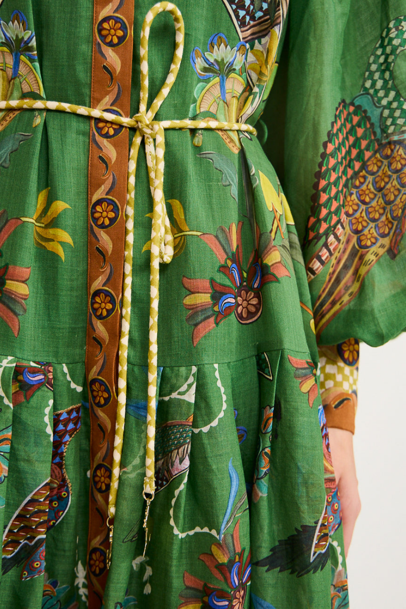 Marcella | Elegant Green Bird Print Balloon Sleeve Maxi Dress