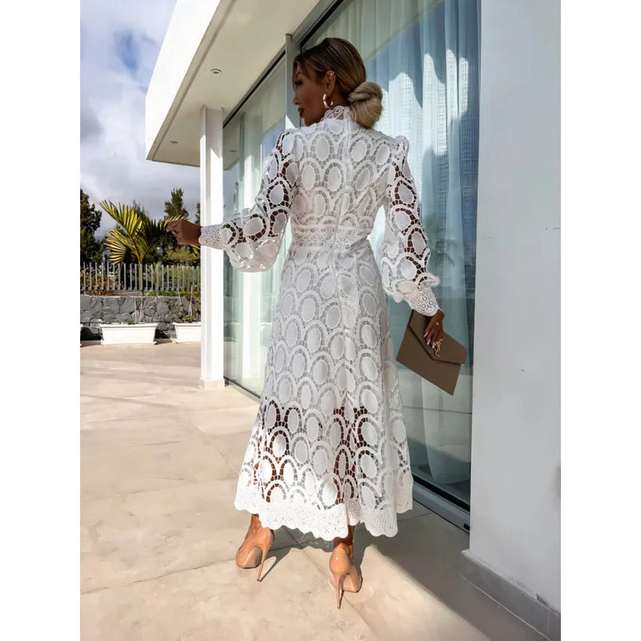 Roshel | Elegant High Neck Long Sleeve Lace Midi Dress