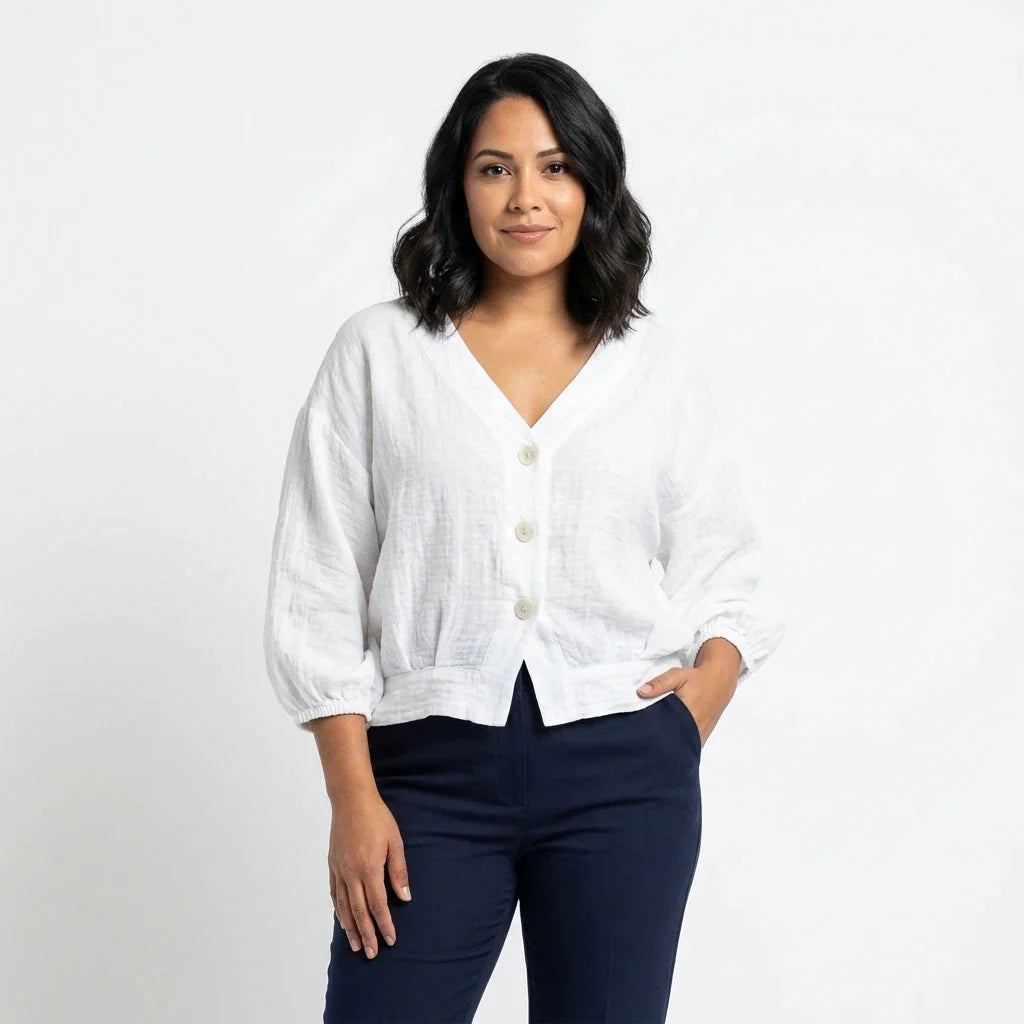 Margot | Elegant White Linen V-Neck Batwing Sleeve Blouse