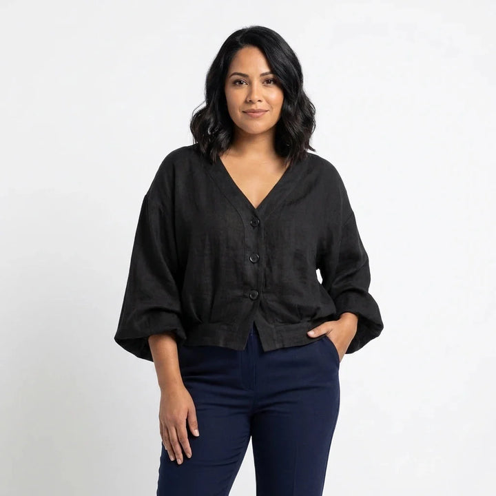 Margot | Elegant White Linen V-Neck Batwing Sleeve Blouse