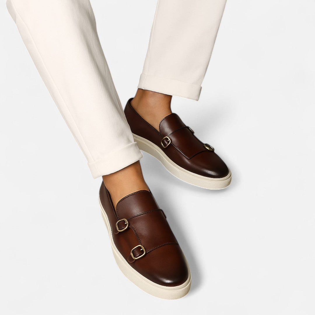 Eva | Elegant Brown Leather Double Buckle Loafers For Men