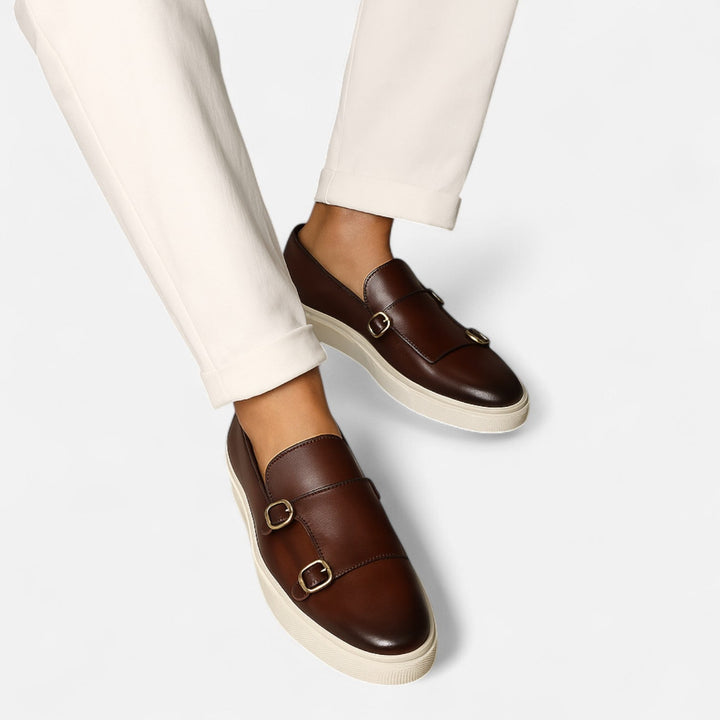 Eva | Elegant Brown Leather Double Buckle Loafers For Men