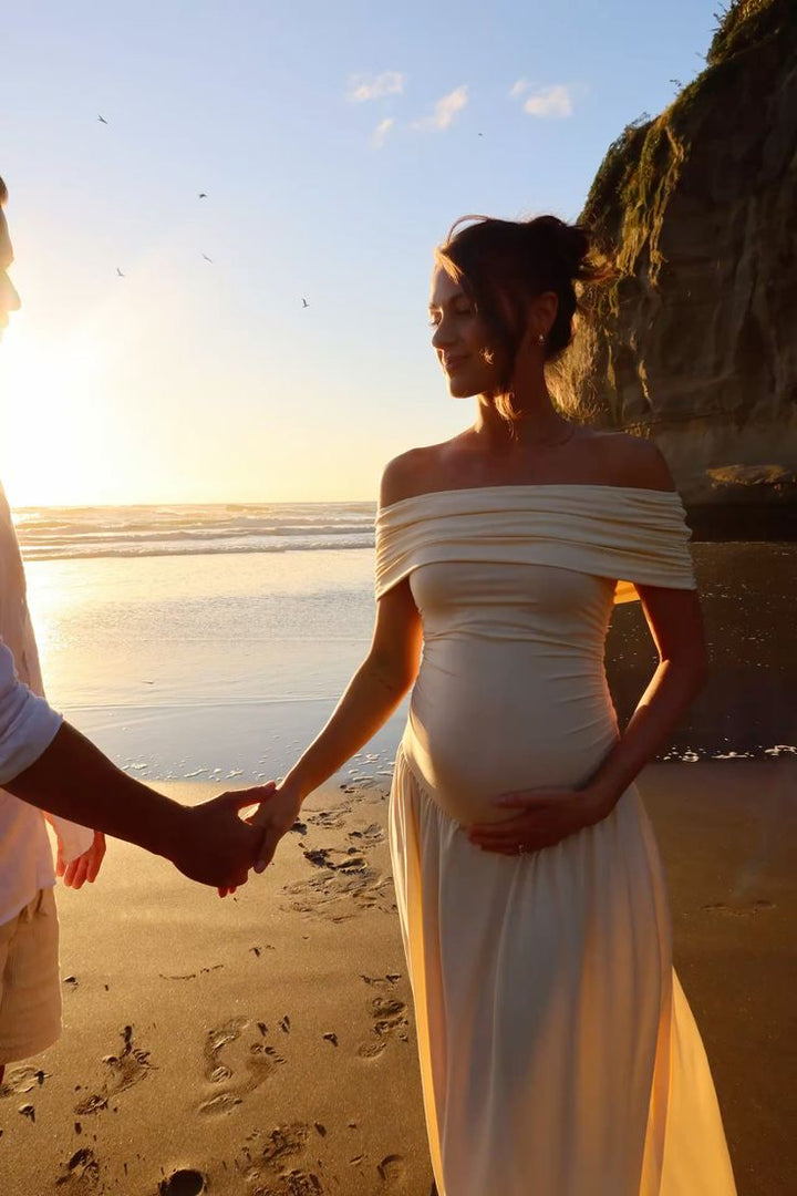 Stella | Elegant Off-Shoulder Pleated Maternity Maxi Gown