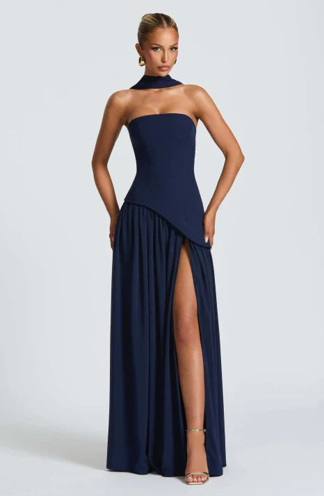 Elyse | Elegant Strapless Burgundy Maxi Dress With Halter Neck Detail