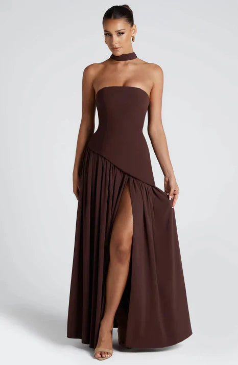 Elyse | Elegant Strapless Burgundy Maxi Dress With Halter Neck Detail