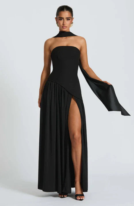 Elyse | Elegant Strapless Burgundy Maxi Dress With Halter Neck Detail