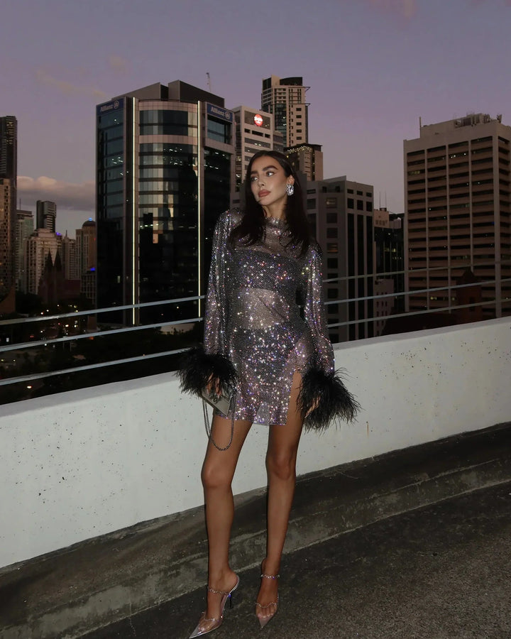 Millie | Elegant Sequin Mini Dress With Feather Cuff Sleeves