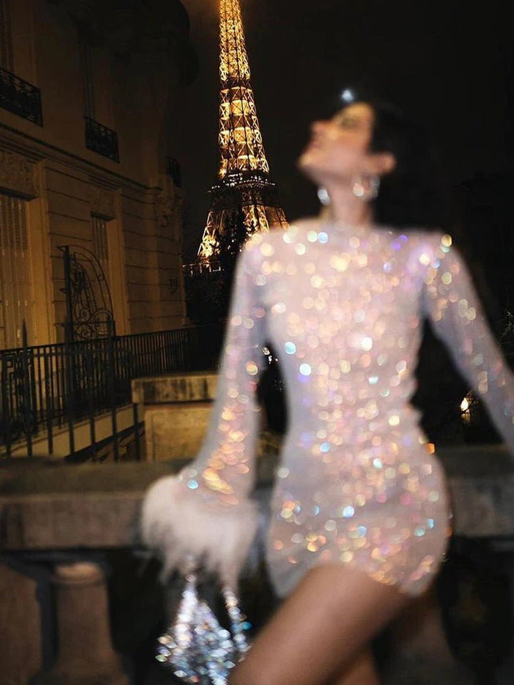 Millie | Elegant Sequin Mini Dress With Feather Cuff Sleeves