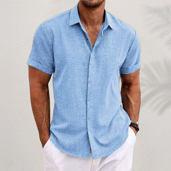 Finn | Stylish Light Blue Linen Short Sleeve Button Up Shirt