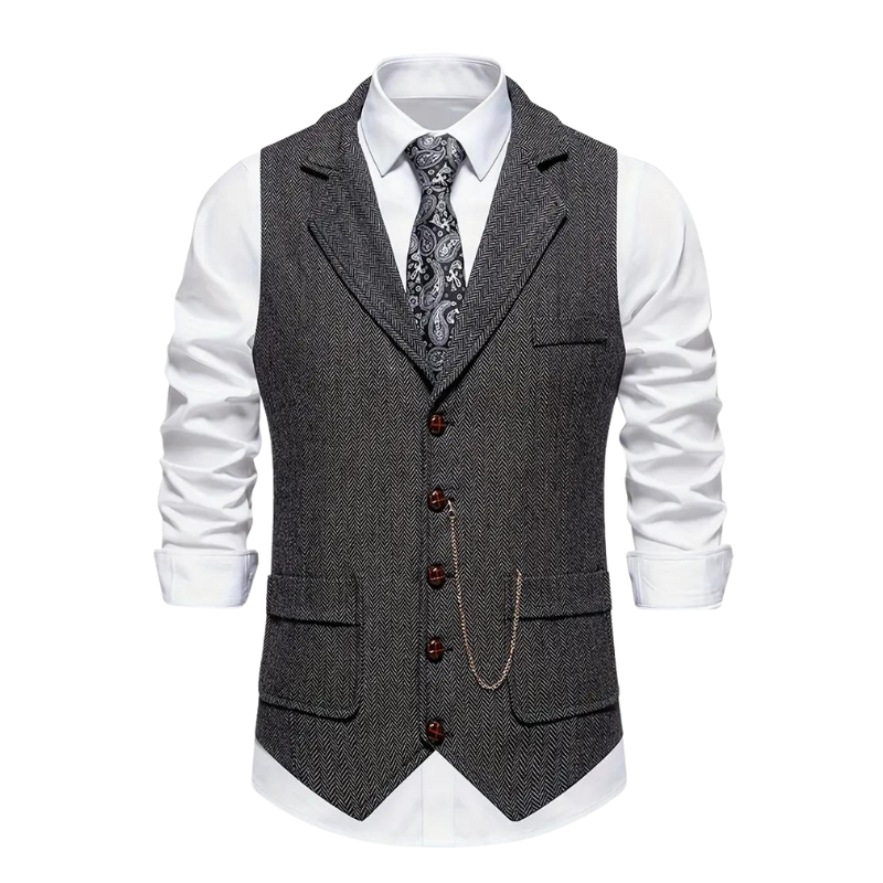 Bennett | Elegant Herringbone V-Neck Waistcoat With Chain Detail