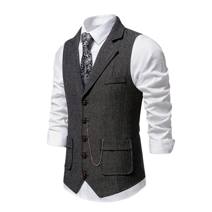 Bennett | Elegant Herringbone V-Neck Waistcoat With Chain Detail