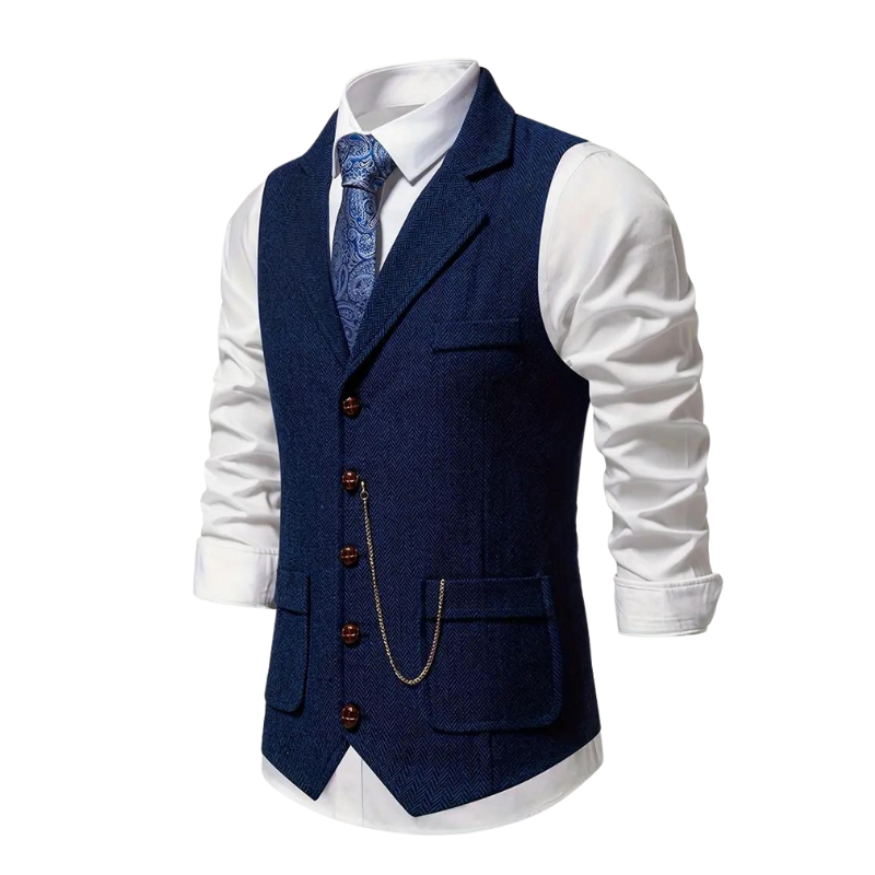 Bennett | Elegant Herringbone V-Neck Waistcoat With Chain Detail