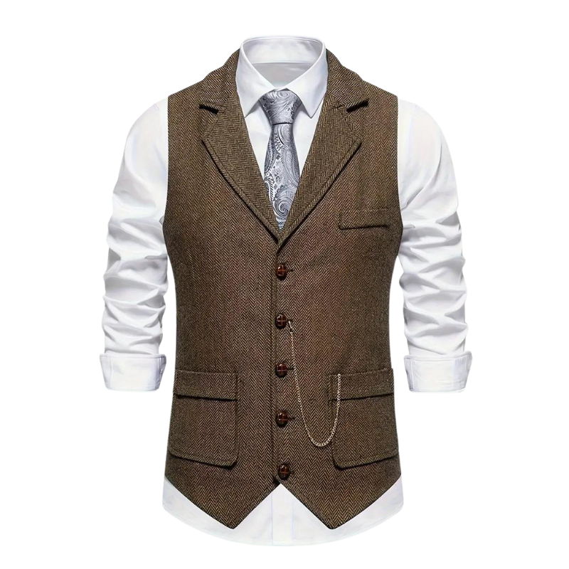 Bennett | Elegant Herringbone V-Neck Waistcoat With Chain Detail