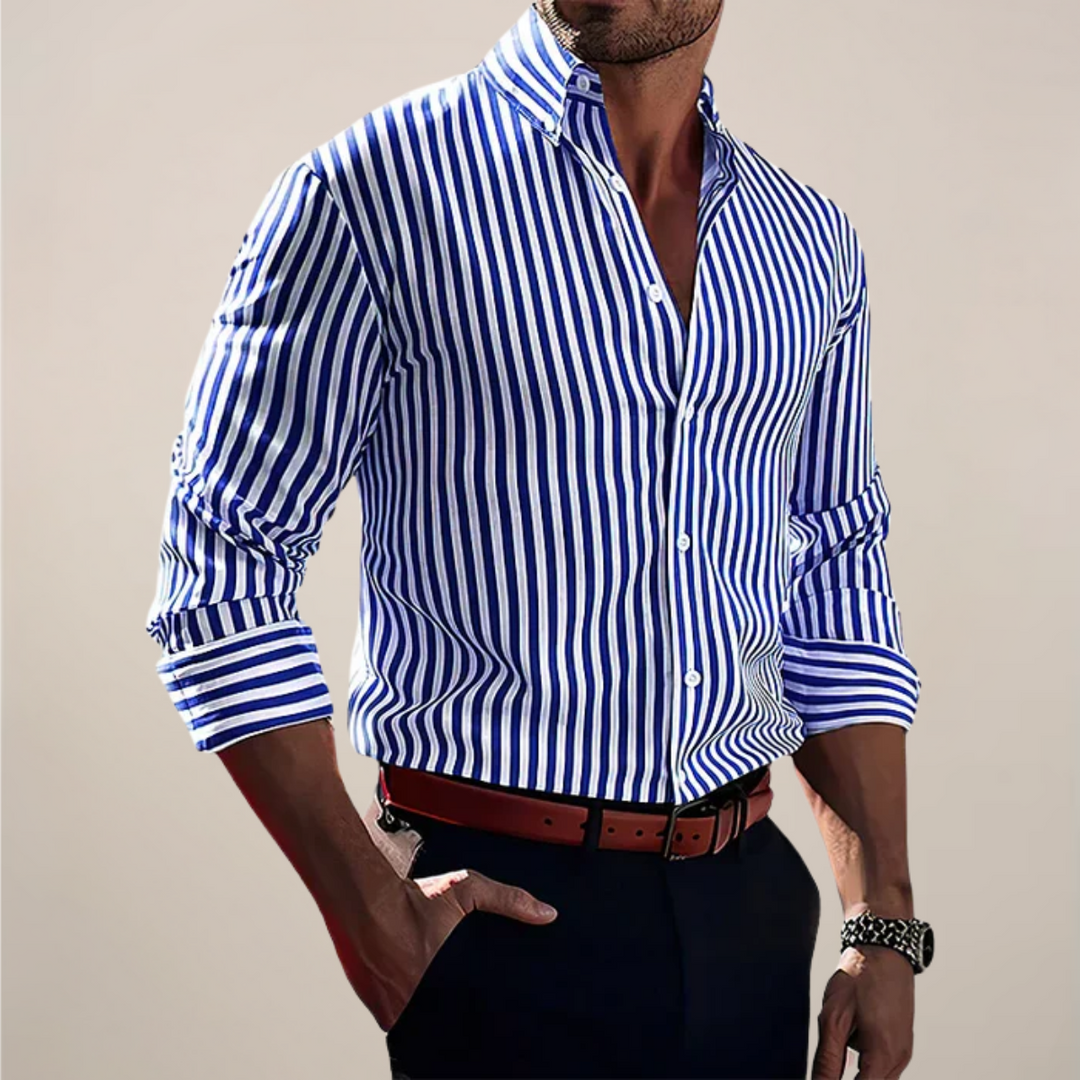 Maximus | Classic Blue White Striped Button-Up Long Sleeve Shirt