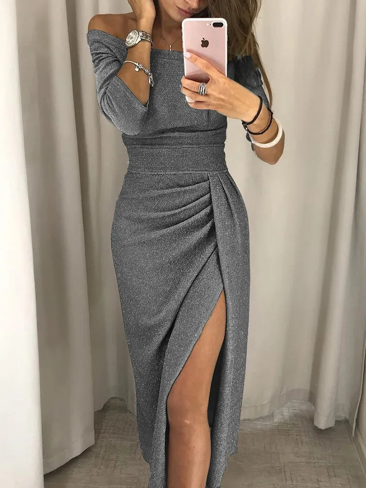 Tessa | Elegant Off-Shoulder Ruched Midi Dress With Side Slit