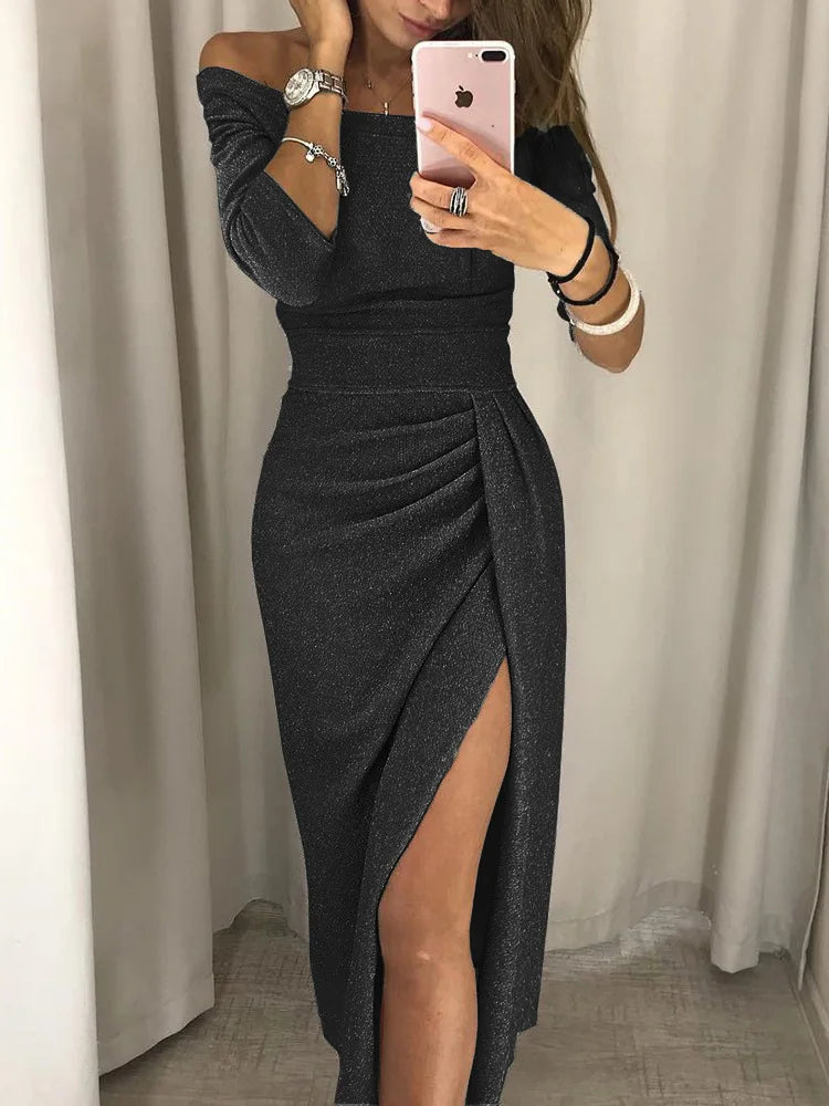 Tessa | Elegant Off-Shoulder Ruched Midi Dress With Side Slit